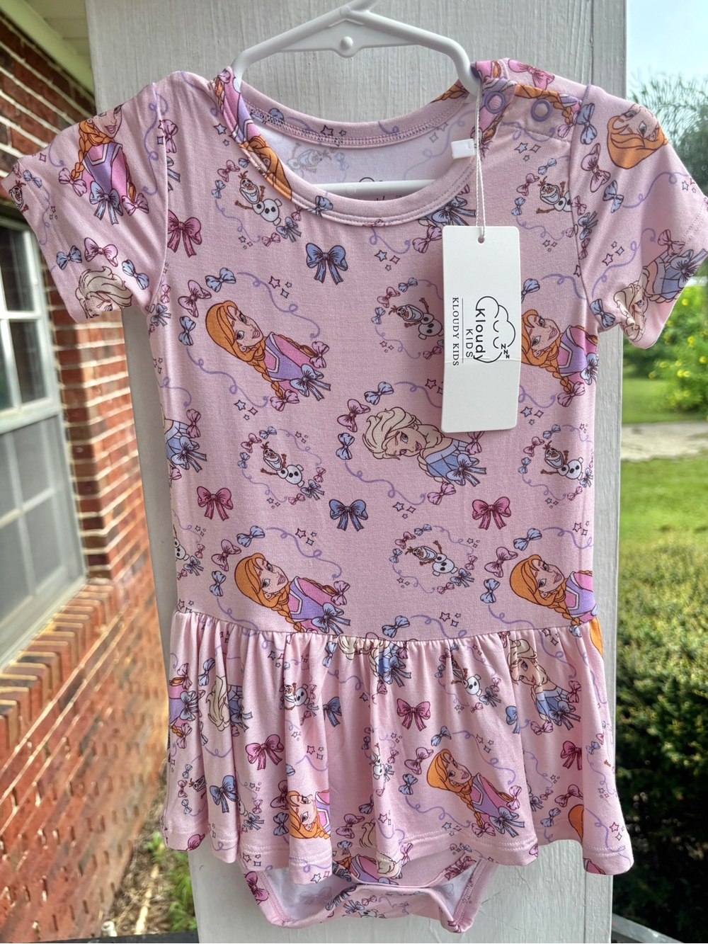 kloudy kids frozen bamboo skirted bodysuit 18-24m pink anna elsa olaf bow print